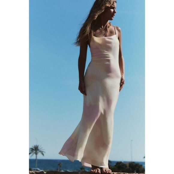 Zara Womens Maxi Slip Dress M Cream Pink Cut Out Satin Effect 2180/217 NWT - Picture 1 of 11